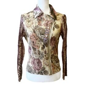 Alberto Malaki Floral Tapestry Sequin Beaded Asymmetrical Zip Jacket Size S